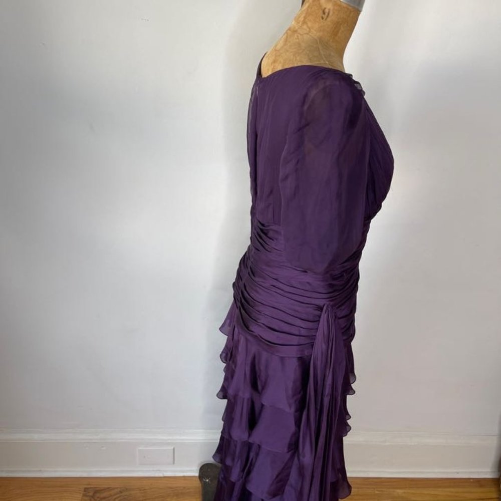 J. Mendel Paris Ruffled Tiered Short Sleeve Silk Evening Dress In Purple Size 10 - Picture 4 of 13